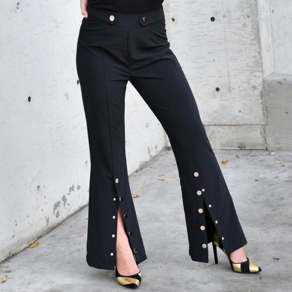 BLACK BUTTON DETAIL PANTS TROUSERS - Picture 4 of 4